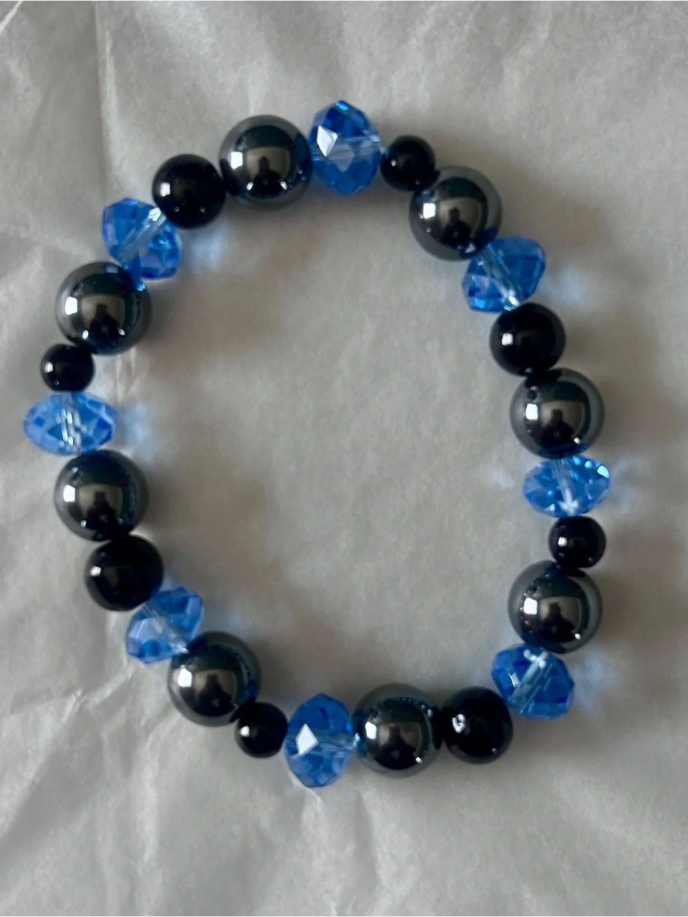 Blue Crystal and Black Beaded Stretch Bracelet Handmade Jewelry